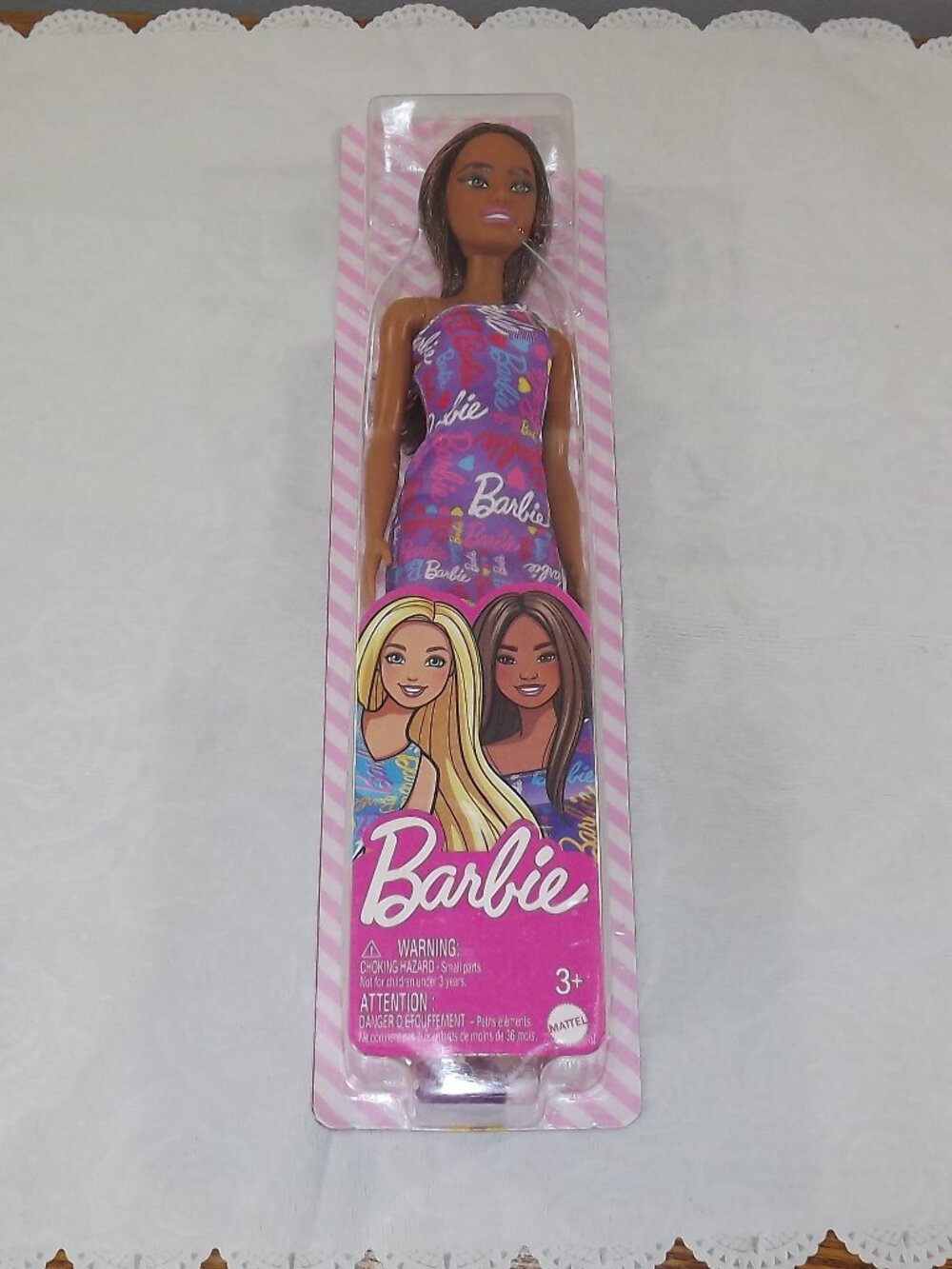 Barbie Doll in Purple Pink Colorful Logo Dress